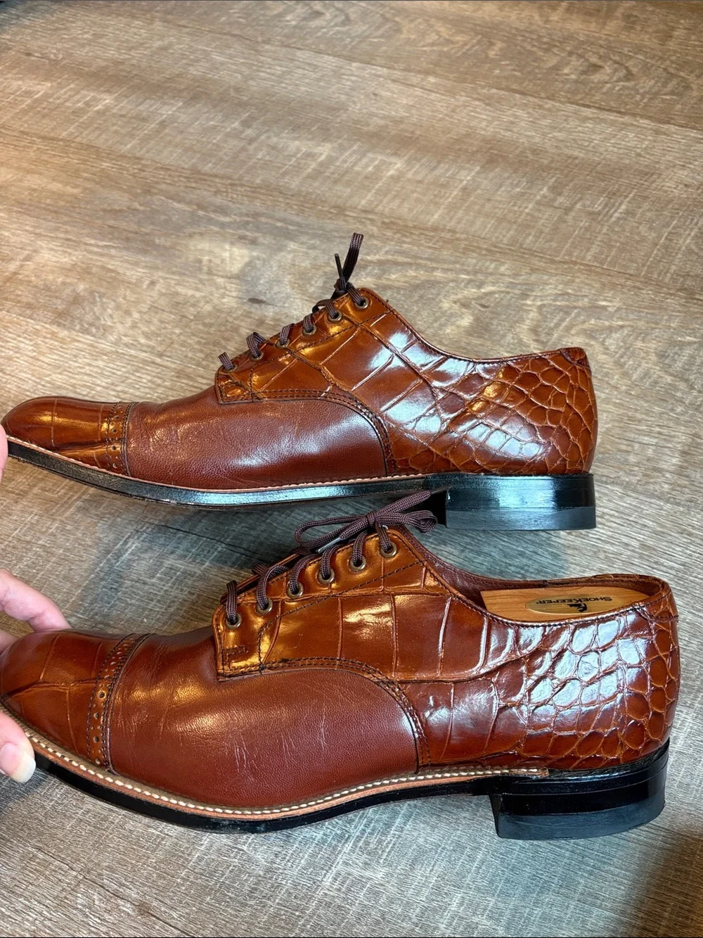 Stacy Adams Croc Print Oxford Mens 10.5 Brown Leather Lace Up Shoes